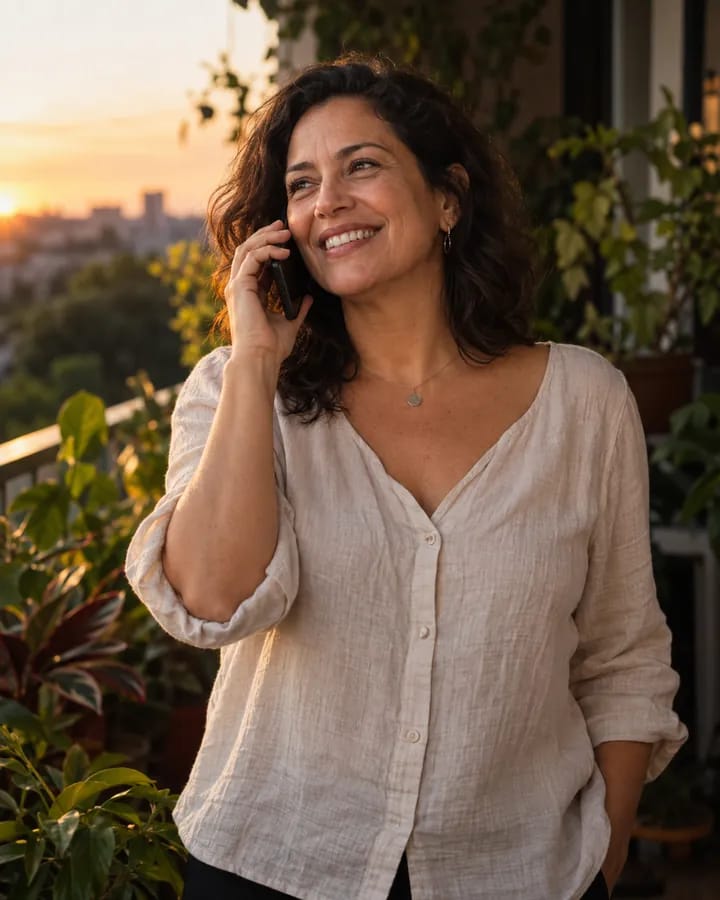 Mulher sorrindo enquanto conversa pelo celular