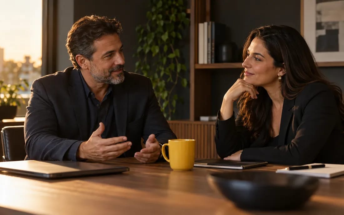 Sócios de uma pequena empresa conversando no escritório