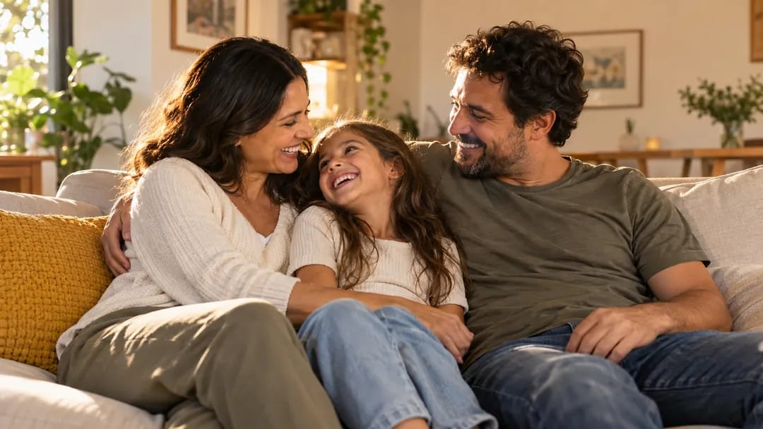 Família sorrindo junta em casa