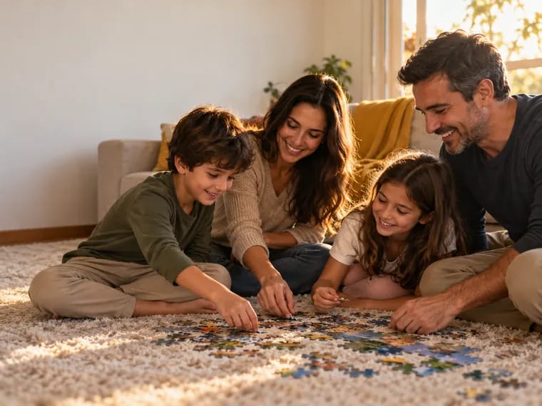 Família com pai, mãe e duas crianças reunidos na sala